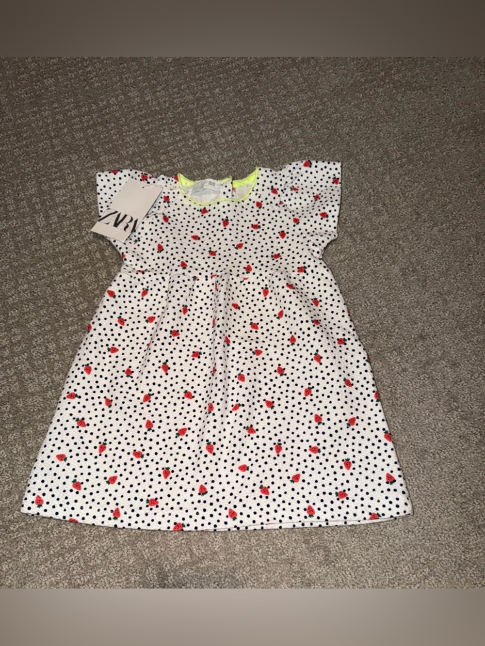 New ZARA Girls Polka Dot Strawberry Print A-Line Cap Sleeve Dress Size 18-24M